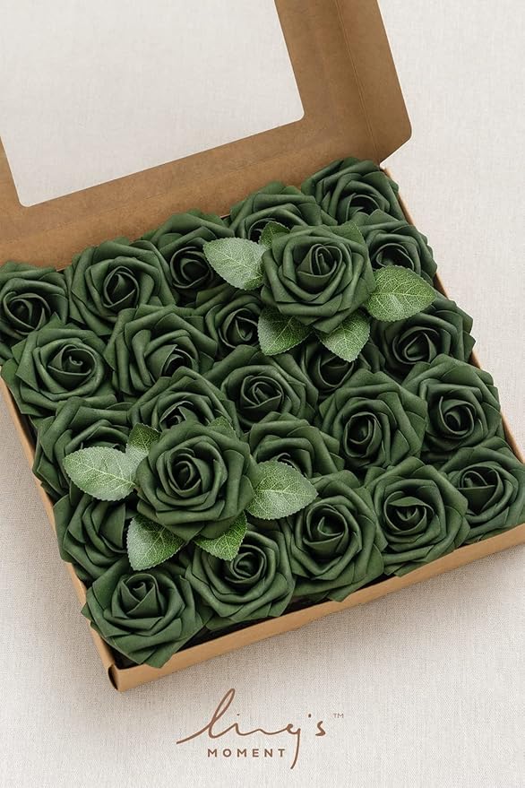 Ling’s Moment Artificial Flowers 50Pcs Emerald Green Roses Decor w/Stems,3" Real Touch DIY Foam Floral for Wedding Bouquet/Centerpieces, Outdoors Party Backdrop, Room/Table, and Garden/Pot Decorations