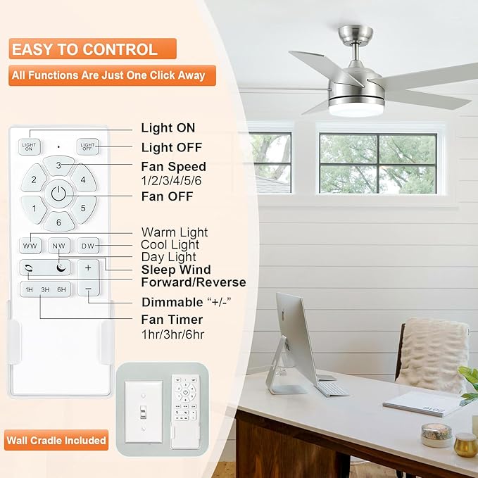 YUHAO 52 Inch Brushed Nickel Ceiling Fan with Light and Remote Control.Noiseless,Dimmable,3CCT,6 Speeds Reversible, DC Ceiling Fans for Indoor or Covered Outdoor