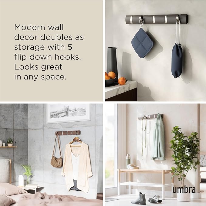 Umbra Flip Wall Mounted Floating Rack – Modern, Sleek, Space-Saving Coat Hanger with 5 Retractable, Driftwood/Nickel Hook