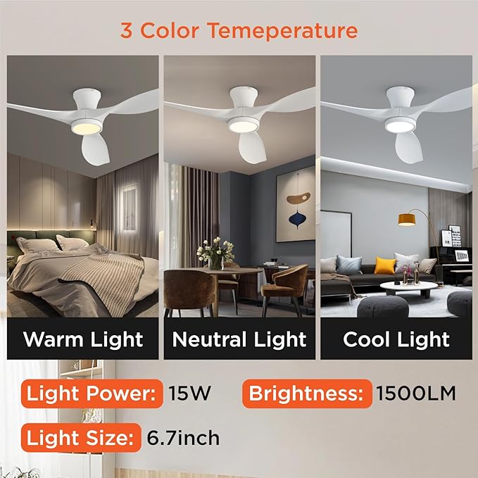 TALOYA 52 inch Ceiling Fans with Lights Remote Control, Modern Low Profile Ceiling Fan with Quiet Reversible DC Motor for Bedroom Living Room and Patio White
