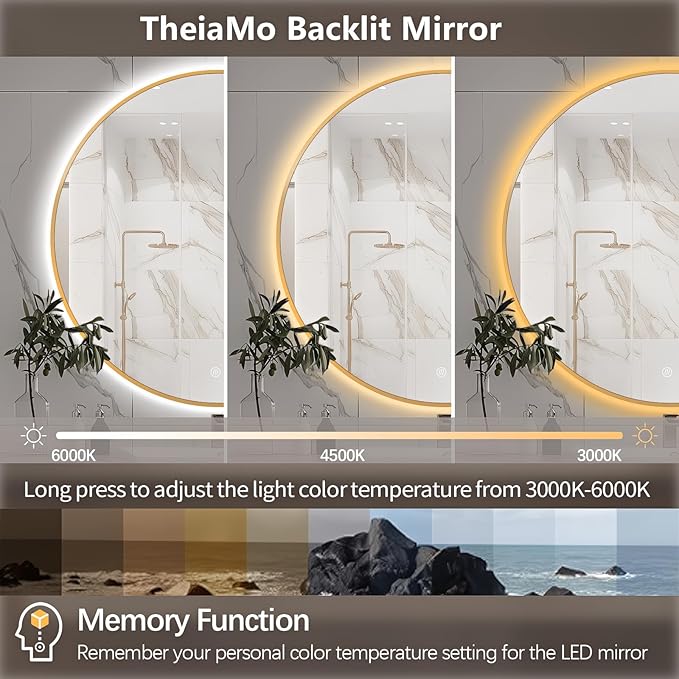32" Round LED Bathroom Mirror, Wall Mounted Round Backlit Mirror LED Bathroom Vanity Mirror with Lights Fog Free Circle Lighted Mirror with Gold Frame, Smart Light up Mirror 3-Color