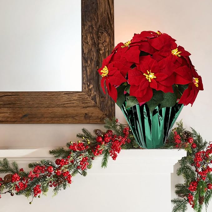 2 Pack 18" Lighted Large Artificial Poinsettias for Outdoors LED Poinsettia Flowers Artificial Faux Poinsettia Plants Poinsettia Christmas Decorations for Office Home Kitchen Decor (Green Paper)