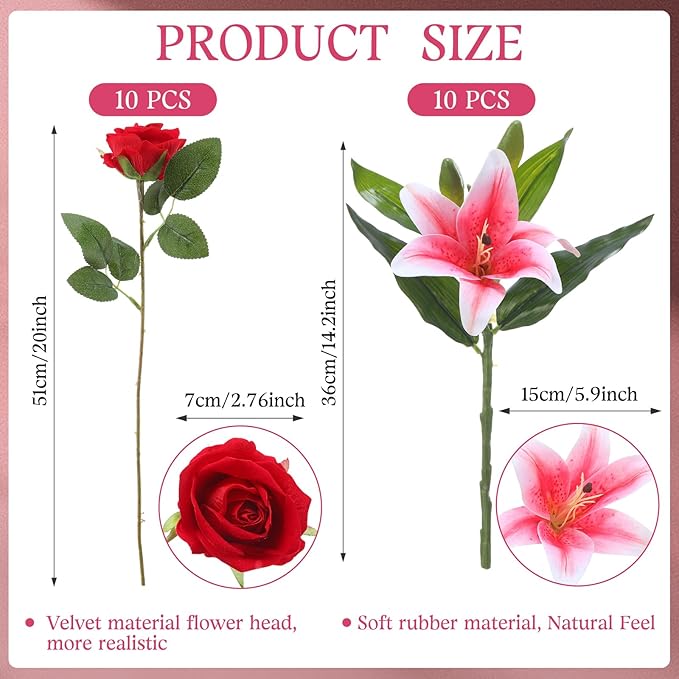 Hotop 20 Pcs Artificial Flowers Velvet Realistic Roses and Latex Lilies Flowers Bouquet Decorations Arrangements for Home Table Centerpieces Independence Day(Pink, Red)