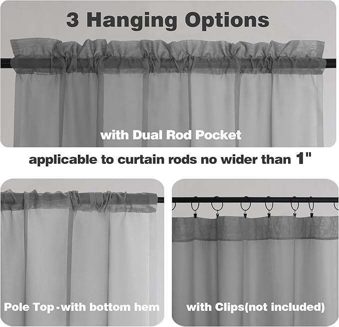 Chyhomenyc Charcoal Grey Sheer Curtains 45 Inch Long 2 Panels, Light Filtering Elegant Lightweight Soft Rod Pockets Drapes for Small Window Bathroom Living Room Bedroom, 42W x 45L inches