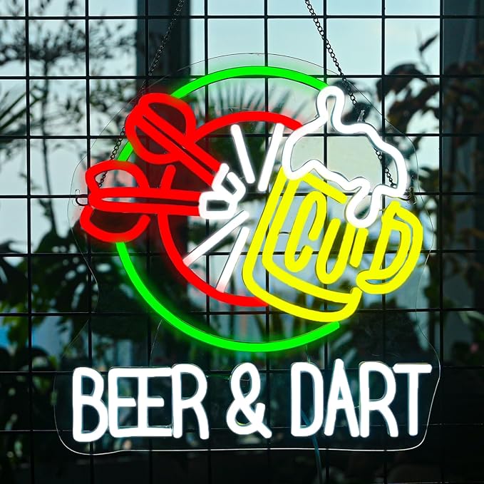 Beer & Dart Neon Sign – Fun Bar Wall Light with Dartboard and Beer Mug Design LED Decor for Game Room, Pub, or Man Cave, USB Powered, 5V/2A，Dimmable