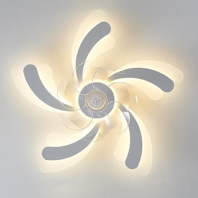 Ceiling Fan with Lights Remote Control, White Flower Ceiling Fan with Light, 3 Light Color 6 Speeds Low Profile Flush Mount Ceiling Fan for Kitchen Bedroom Living Room