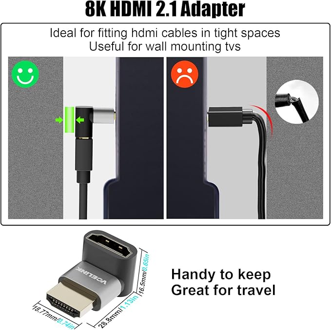 VCELINK HDMI Right Angle Adapter 8K@60Hz, 270 Degree HDMI Adapter Male to Female, HDMI 2.1 Cable with 4K@120Hz, HDR, eARC for for HDTV Switch Laptop PS4 PS5 Xbox, 2-Pack