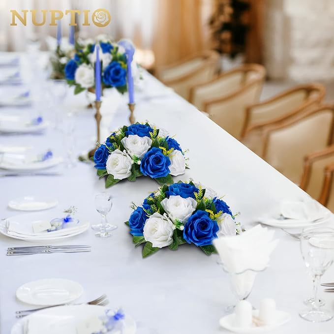 NUPTIO Flower Balls for Wedding Centerpieces - 6 Pcs 9.5 inch Diameter Fake Flower Ball Arrangement Bouquet Party Centerpieces for Tables - Royal Blue Rose Bouquet Centerpiece Flowers for Table