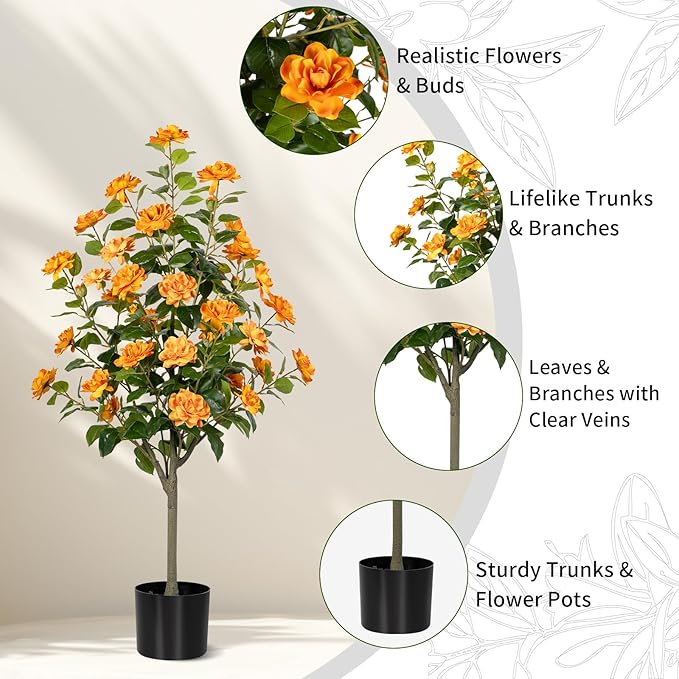 Artificial Camellia Tree 2 Pack, Artificial Plants Outdoor Faux Floral Plant in Cement Pot Fake Silk Camellia Tree Plants for Home House Living Room Office Decor