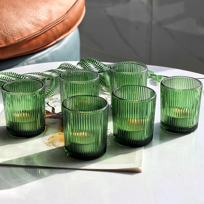 VOHO 12pcs Candle Holder Ribbed Glass, Green Votive Candle Holders for Wedding Party Table Centerpieces, Glass Tealight Candle Holder for Birthday Gift(2.1'' x 2.6'', Green)