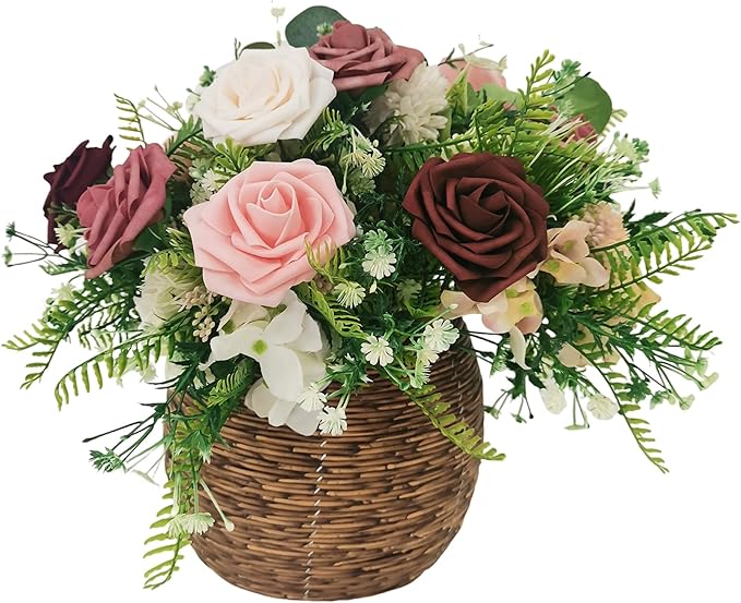 Artificial Flowers 25pcs Roses, Shade of Burgundy Foam Fake Rose Faux Flower for DIY Wedding Bouquets Bridal Shower Centerpieces Floral Arrangements Party Tables Home Decorations