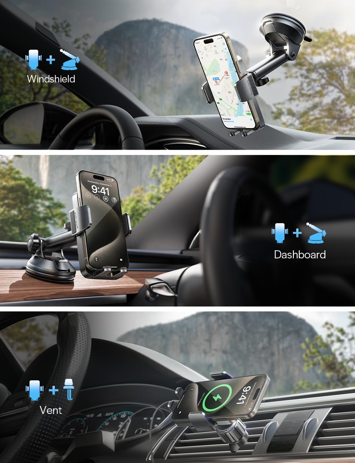 LISEN Car Phone Holder Mount, 3 in 1 Dashboard Air Vent Windshield Cell Phone Mount for iPhone 16 Pro Max Plus, Black