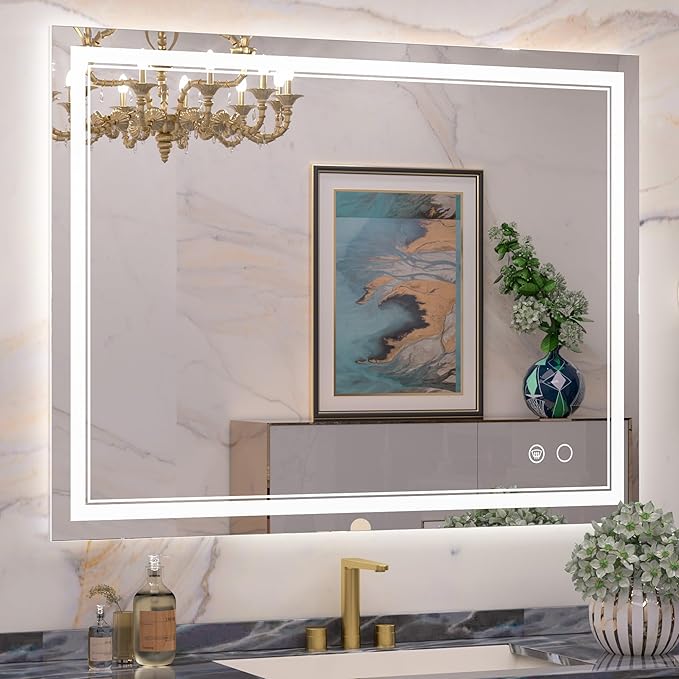 Keonjinn Lighted Bathroom Mirror, 42 x 32 Inch Bathroom LED Mirror with Lights, Frontlit Only, HD Tempered Glass, UL-Listed LED Driver, Anti-Fog, 6000K Dimmale, Easy Installation(Horizontal/Vertical)