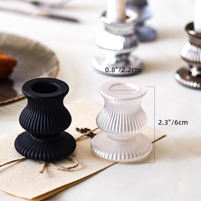 WDHODEC Black White Candlestick Holders 12PCS Glass Taper Candle Holders for Table Centerpiece Colorful Candle Sticks for Wedding, Party and Festival Decoration