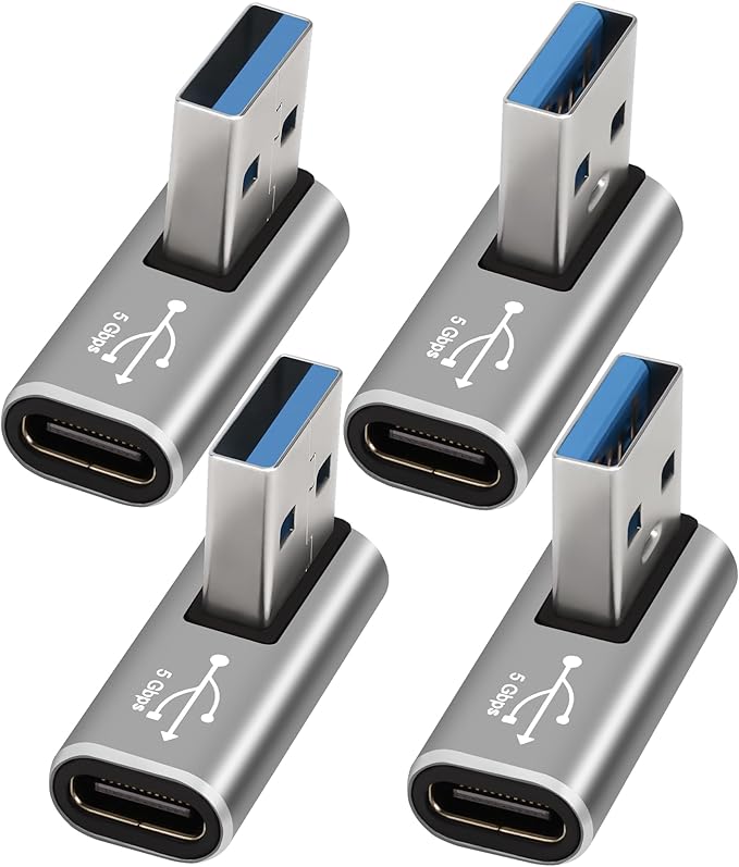 90 Degree USB to USB C Adapter 4 Pack,Middle Left and Right Angle USB C Female to A Male Charger Connector Converter USB L Shape Extender, Support Charge & Data Sync for PC, Laptop, Mouse, Keyboard
