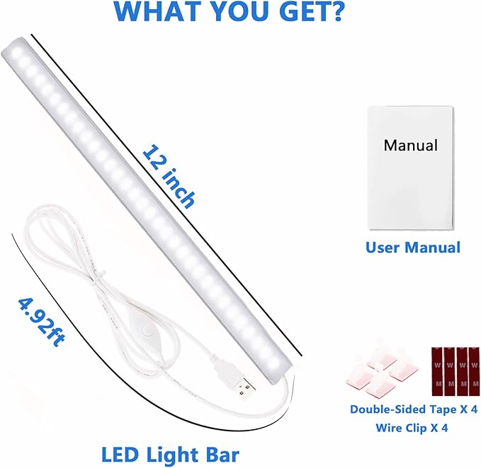 12 Inch Under Cabinet LED Light with Memory Function, Cold White 6000K, Slim Dimmable Workbench Light, Without Plug