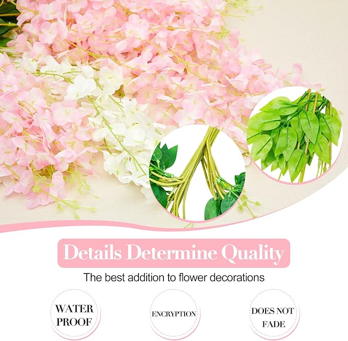 Giegxin 24 Pcs Artificial Wisteria Hanging Flowers 3.6 ft Artificial Fake Wisteria Vine Rattan Hanging Garland Silk Flowers String for Wall Home Wedding Party Greenery Decorations (Pink,White)