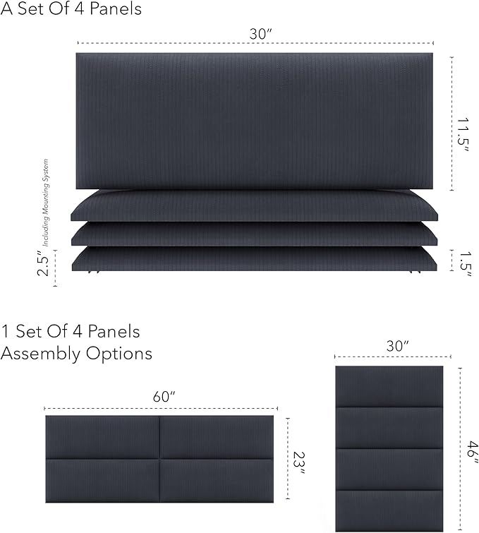 Vänt Upholstered Wall Panels - Queen/Full Size Wall Mounted Headboards - Ribbed Midnight Blue - Set of 4 Panels (Each Individual Panel 30"x11.5")