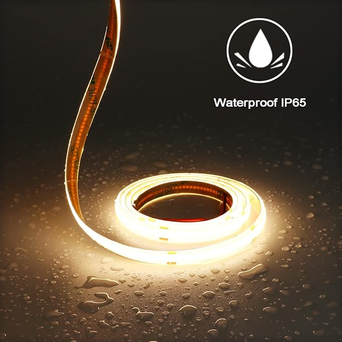 TOPAI 12V COB LED Strip Light 3000K Warm White Waterproof IP65 480LEDs/M Super Bright 4000Lm CRI>90 16.4ft/5M Dotless High Density Cuttable Flexible for Cabinet Home DIY Lighting Projects