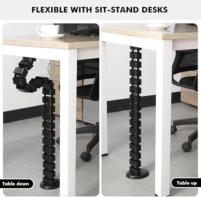 Yaomiao 2 Pack Under Desk Vertebrae Cable Management Kit Standing Desk 48 Inch Adjustable Quad Entry Flexible Cord Organizer with Ties, Stick-on Clips Cable Management Set for Home User Office Worker