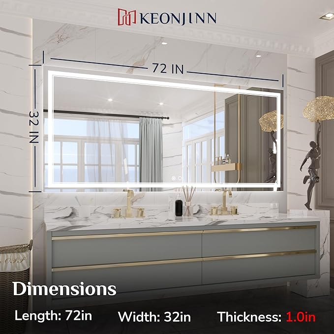 Keonjinn 72 x 32 Inch LED Bathroom Mirror with Lights, Large Wall Mounted Vanity Mirror, UL Listed LED Driver, HD Tempered Glass, Easy Installation, Anti-Fog, Memory Dimmable 6000K, CRI 90+