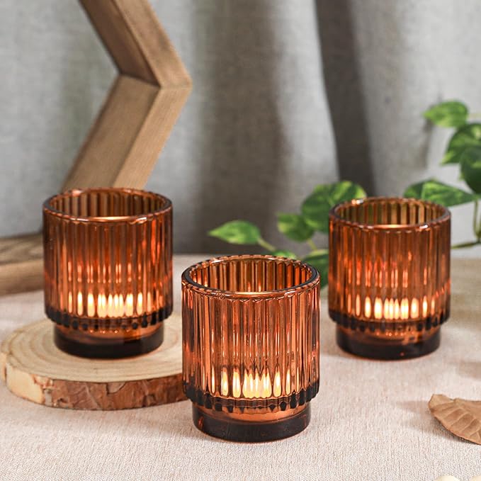 Vintage Ribbed Amber Glass Tealight & Votive Candle Holders (Set of 12), Wedding Bridal Shower Party Table Decor, Fall Decor, Boho Decor, Shelf Decoration