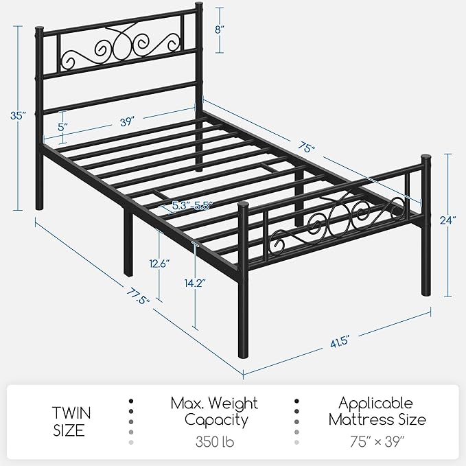 Yaheetech Twin Bed Frames Metal Platform Bed with Headboard and Footboard No Box Spring Needed Easy Assembly,Under-Bed Space: 12.6''/Black/Twin Bed
