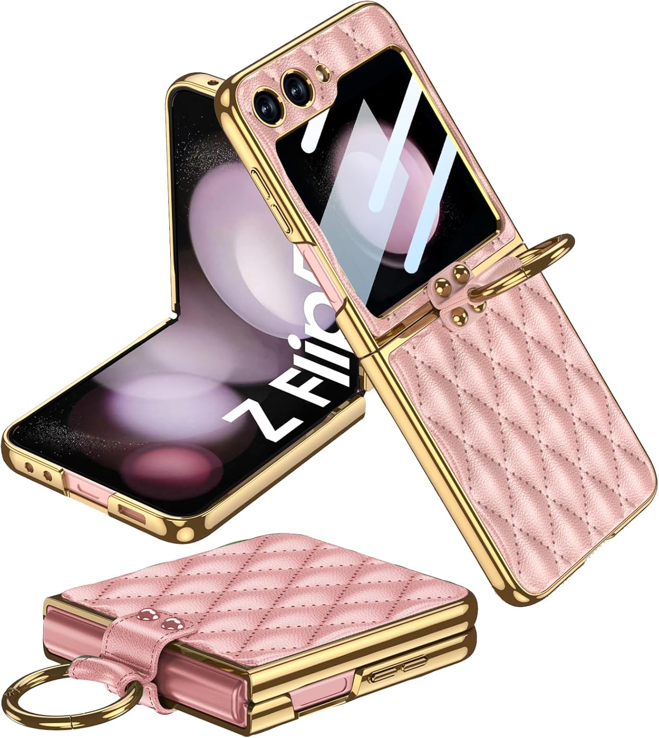 Miimall Leather Case with Ring for Samsung Z Flip 5 5G, Pink, Back Screen Protector + Metal Ring Holder Kickstand