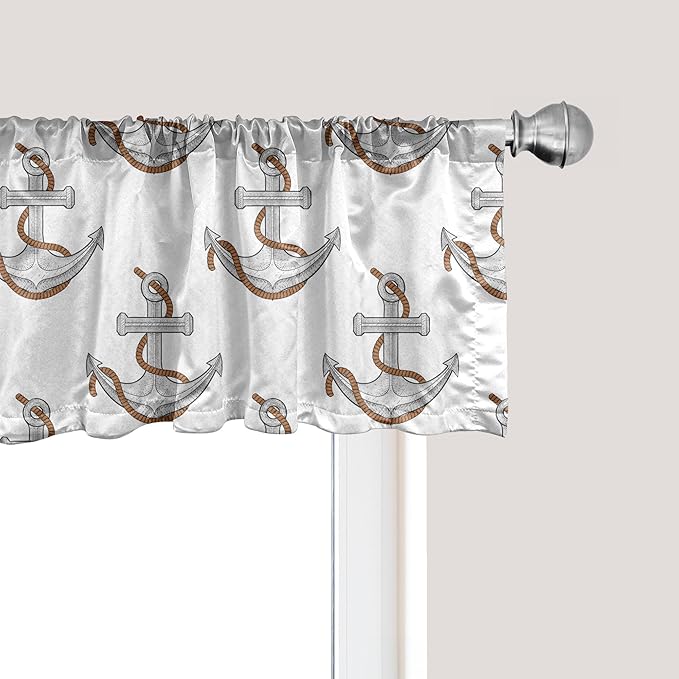 Ambesonne Vintage Nautical Tattoo Window Valance Pack of 2, Repetitive Anchor and Motif Maritime Pattern, Rod Pocket Curtain Valances for Kitchen Bedroom, 42" X 12", Pale Cinnamon Pale Grey