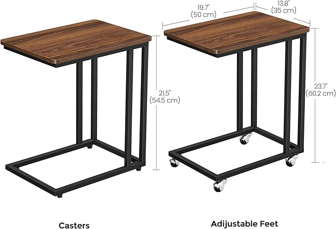 VASAGLE End Table, C Shaped TV Tray with Metal Frame Rolling Casters, Industrial Side Table for Living Room Bedroom, 19.7 x 13.8 x 23.6 Inches, Dark Walnut and Black