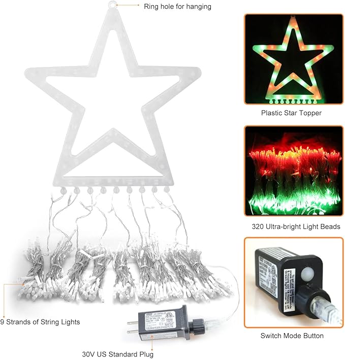 FUNIAO Christmas Decoration Lights - 320 LED Star String Lights Tree Topper with 12" Star for Yard, Garden, Wedding, Party - Red & Green