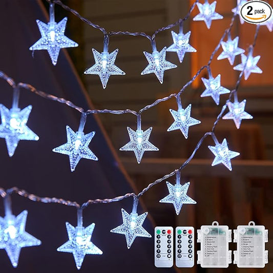 Brightown Star String Lights Battery Operated - 2 Pack 17 ft 50 LED Star Fairy String Lights with Remote and Timer, 8 Modes Waterproof for Bedroom Tent Loft Bed Patio Party Wedding Decor, White