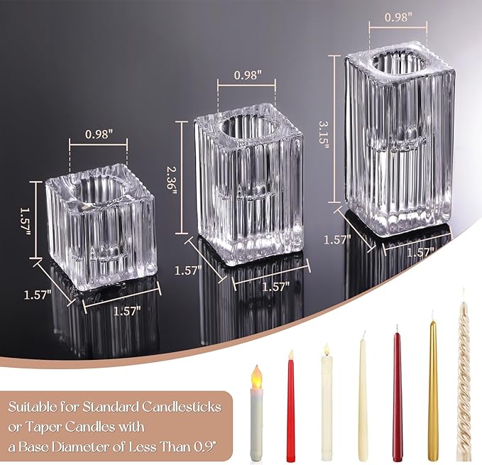 LETINE 12pcs Vertical Stripe Glass Candlestick Holders - Chic Taper Candle Sticks Holder Set for Elegant Dining & Home Decor - Ideal for Wedding Centerpieces, Parties, and Celebrations