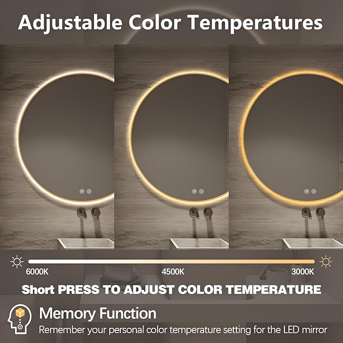 Niccy Round Led Mirror for Bathroom, 32" Backlit Mirror for Wall Circle Lighted Mirror with Gold Frame Anti-Fog, 3 Colors, HD Glass and IP65 Waterproof