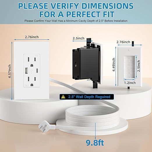 in Wall Cable Management Kit,Recessed Outlet Box for Wall Mount TV,Recessed Power Box with AC/USB-C/USB-A Ports & 9.8ft Extender for Unreachable Outlets,Hide TV Cords & Cables