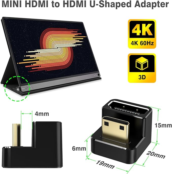 AGVEE 180 Degree Angled USB-C to USB-C Adapter and Short Side Inward U-Shaped Mini HDMI to HDMI Converter, HDMI 2.0 4k@60HZ, Coupler Extender Extension for Portable Display Monitor, Black