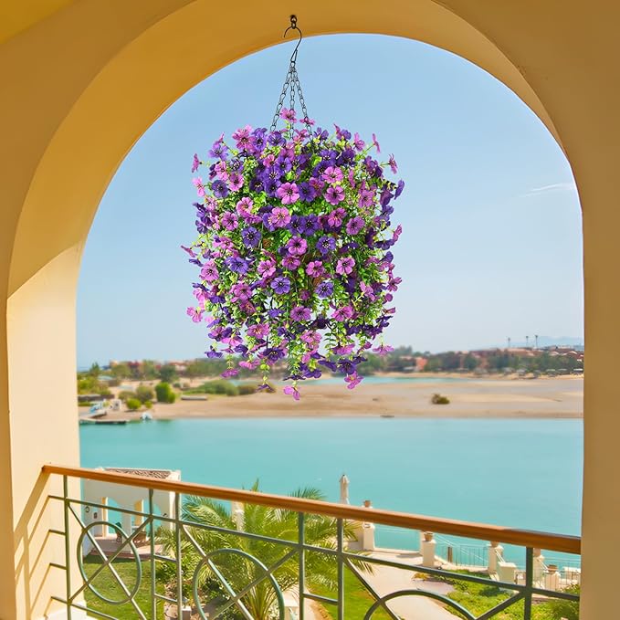 Artificial Fake Hanging Plants Flowers Baskets for Outdoor Outside Spring Decor,Faux Silk Daisy UV Resistant Look Real Summer Decorations for Home Porch Patio Yard Garden(Mix Purple