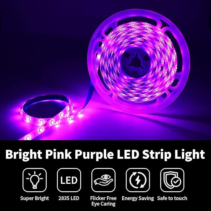 iNextStation Pink LED Strip Light, 16.4ft 5M 2835 SMD 300 LEDs 12V Flexible Cuttable LED Tape Light for Bedroom Kitchen Cabinet Wardrobe TV (Power Adapter Included)