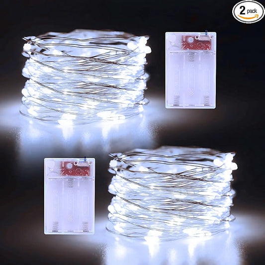 2 Pack Christmas Fairy Lights Battery Operated, 16.4Ft 50 LEDs Silver Copper Wire Twinkle Lights with 2 Lighting Modes for Christmas Bedroom Indoor Outdoor Wedding Holiday Decor(Cool White)