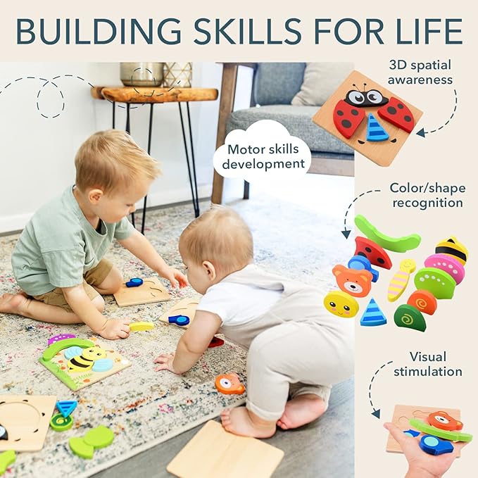 MAGIFIRE Wooden Puzzles 12-18 Months - Multicolor 6-Pack Animal & Vehicle Shapes with Storage Bag - Chunky Wood Puzzles for Fine Motor & Hand‐Eye Coordination - Ideal Toddler Gifts Age 1-2