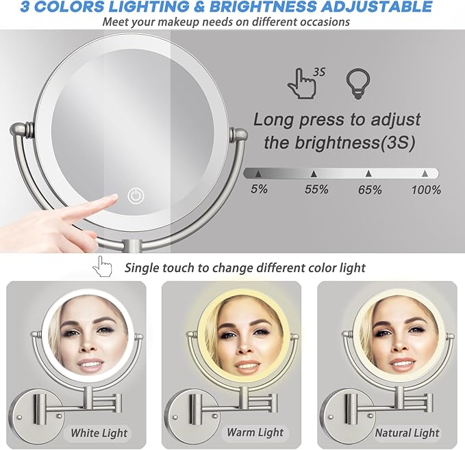 Hard Wired Makeup Mirror with Lights Wall Mounted with Magnification, 8 Inch Double Sides 10X Magnifying Bathroom Mirror 3 Color Lighting Touch Dimming, Extended Arm Shaving Mirror, Brushed Nickel