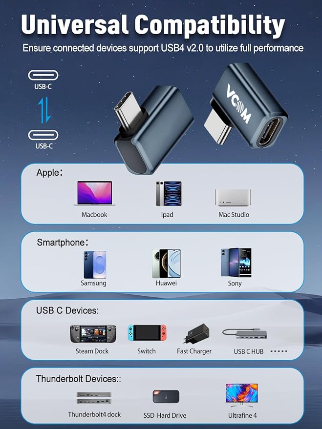 VCOM 90 Degree USB C Adapter 80Gbps, 240W USB C Right Angle Adapter, 8K@60Hz Video Display USB4 v2.0 90 Degree Type C Extender for Thunderbolt 5/4/3, iPhone 15/16, MacBook,Steam Deck, 2 Pack