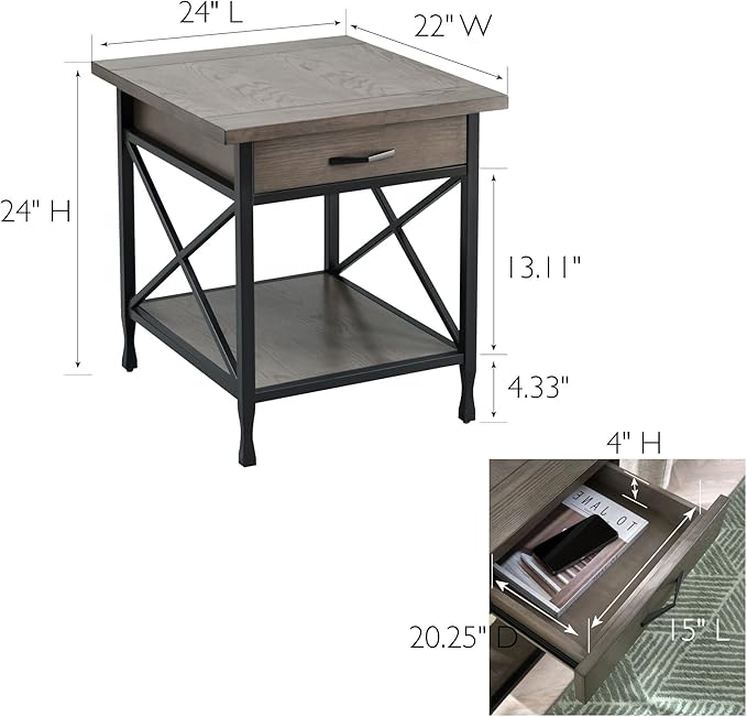 Leick Home 23007 Chisel & Forge One Drawer X Design Mixed Metal and Wood Side Table with Shelf, Smoke Gray and Matte Black, 22 in x 24 in x 24 in