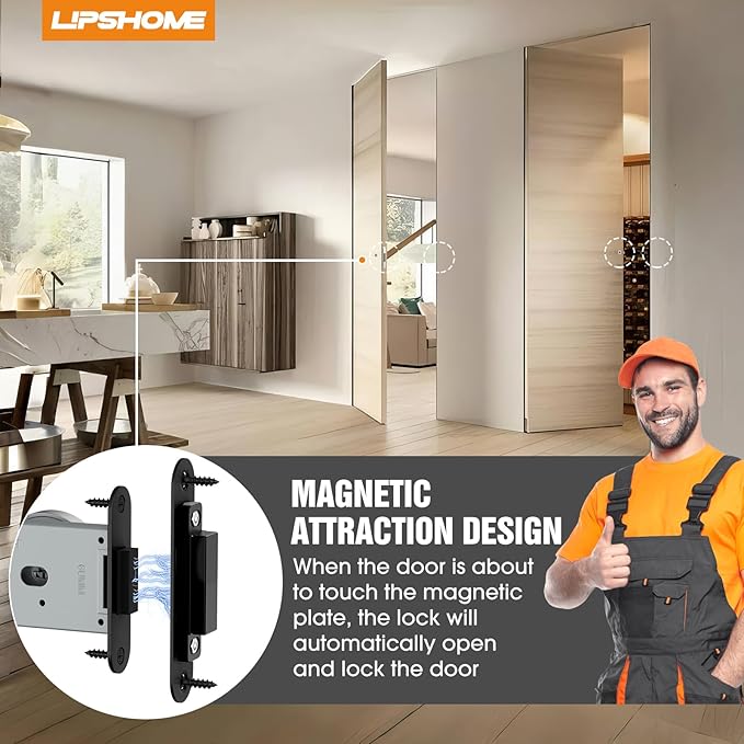 Magnetic Auto-Lock Invisible Door Lock - Single-Sided Hidden Design, Hidden Handle & Mini Keyhole, Aluminum Alloy for Bookshelf Doors/Invisible Doors/Secret Rooms (1, Black)
