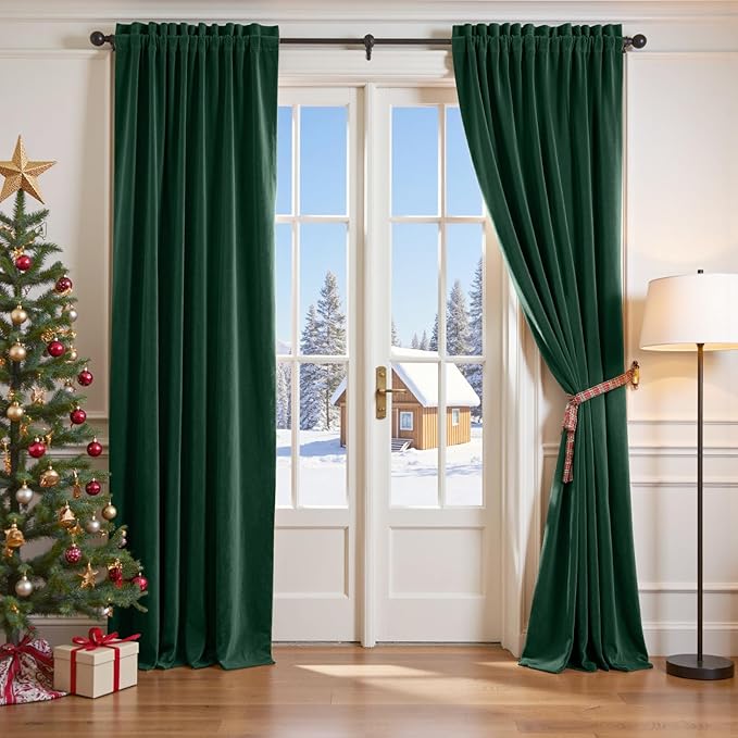 Lazzzy Velvet Blackout Curtains Thermal Insulated Room Window Drapes Super Soft Luxury Curtains for Living Room Bedroom Rod Pocket 2 Panels, Emerald Green, 62" W x 120" L