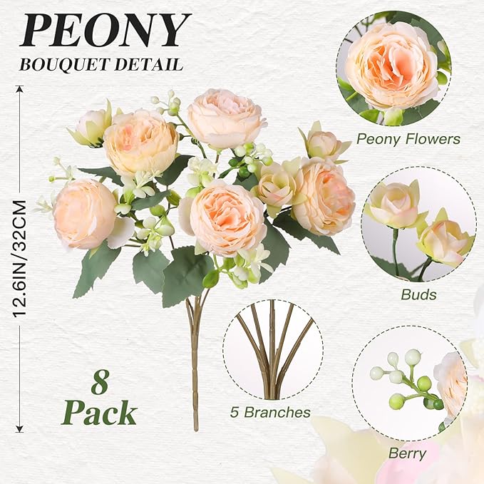 Luyue 8 Packs Peonies Artificial Flowers Vintage Faux Peony Bouquet Fake Flower for Vase Silk Floral Arrangements for Table Centerpiece Wedding Decoration Indoor Home Decor