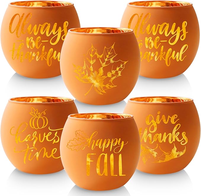 WDHODEC Thanksgiving Candle Holders 6 Pieces Orange Pumpkin Glass Votive Candle Holder for Fall Wedding, Party, Table Centerpiece Décor Thanksgiving Decorations Indoor and Outdoor
