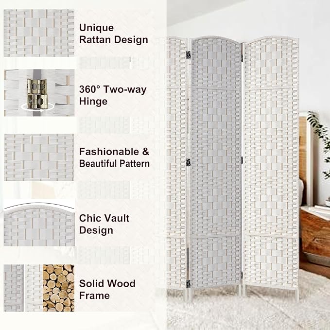 Rose Home Fashion 6 ft Tall Room Divider, Room Dividers and Folding Privacy Screens, 15.7in Privacy Screen 6 Panel Partition Temporary Wall Separation for Private, White