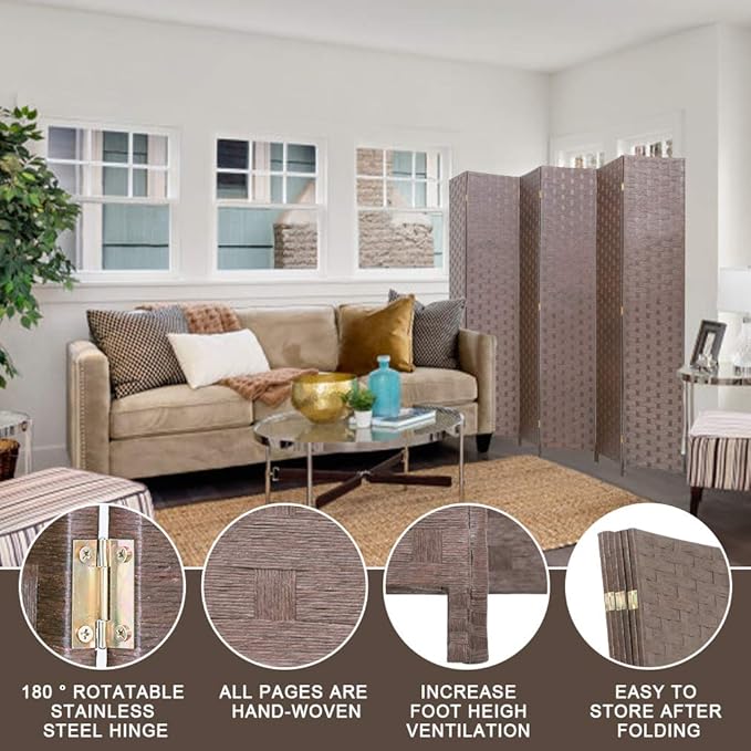 Room Divider Wood Screen 6 Panel Folding Portable Partition Screens Wooden Mesh Woven Design Room Screen Divider for Home Office (Brown)