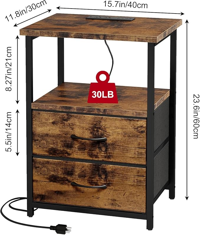 Fixwal Rustic Brown Night Stand with Charger Station, Nightstand with Charging Station & Fabric Drawers